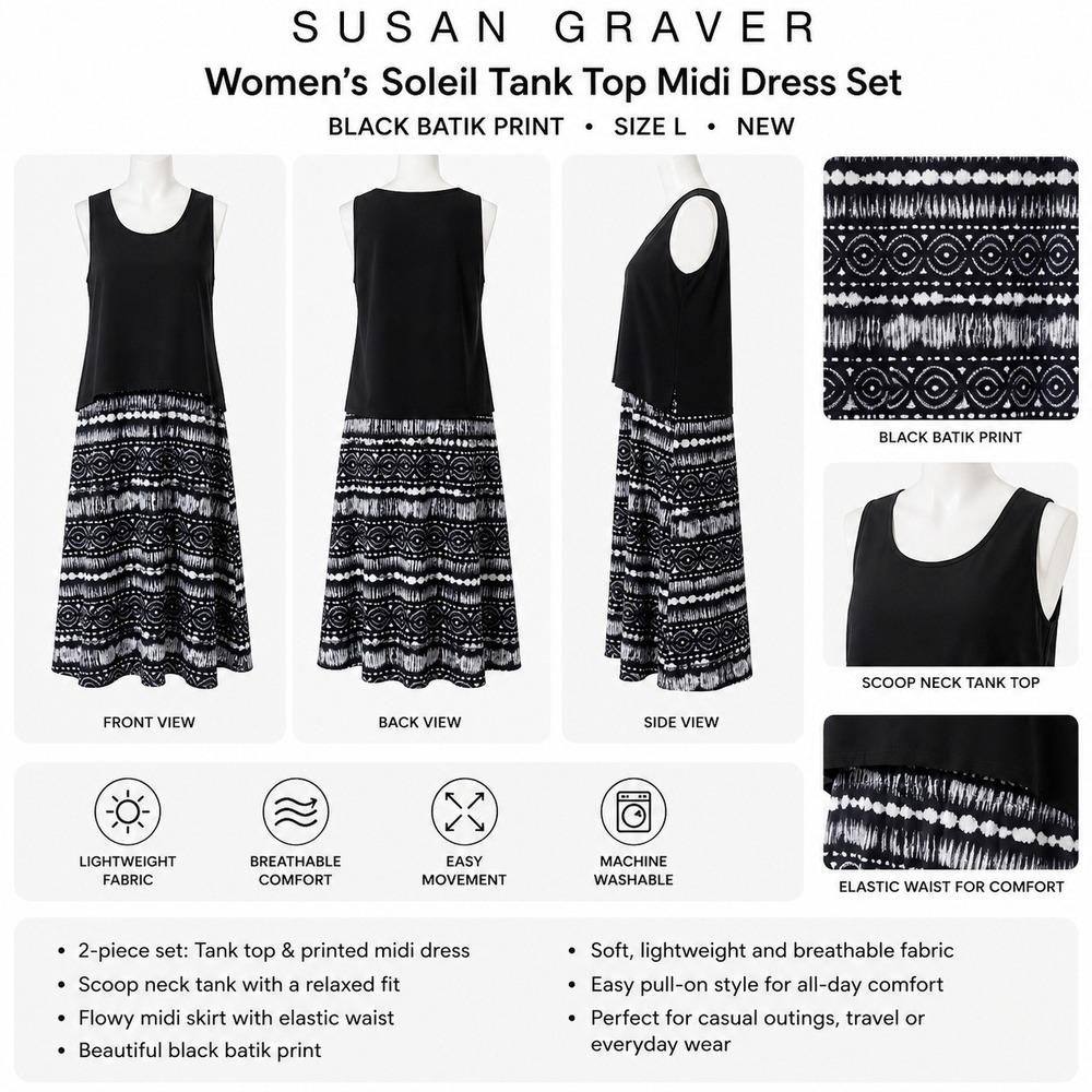 Susan‎ Graver Soleil Tank Top Midi Dress Set Black Batik Stripe Large A667971